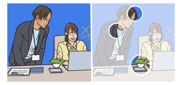 Ofiste çalışan iki arkadaşın görüntüleri arasındaki farkları bulma oyunu